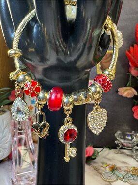 Gold-Tone Red Charm Bracelet with Crystal Heart & Key